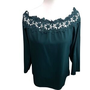 Whimsical Fairy Dark Green Off the Shoulder Lace Trim Blouse 3/4 Sleeve Size L